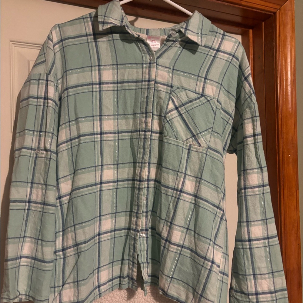 No Boundaries Mint Plaid Button Down Shirt